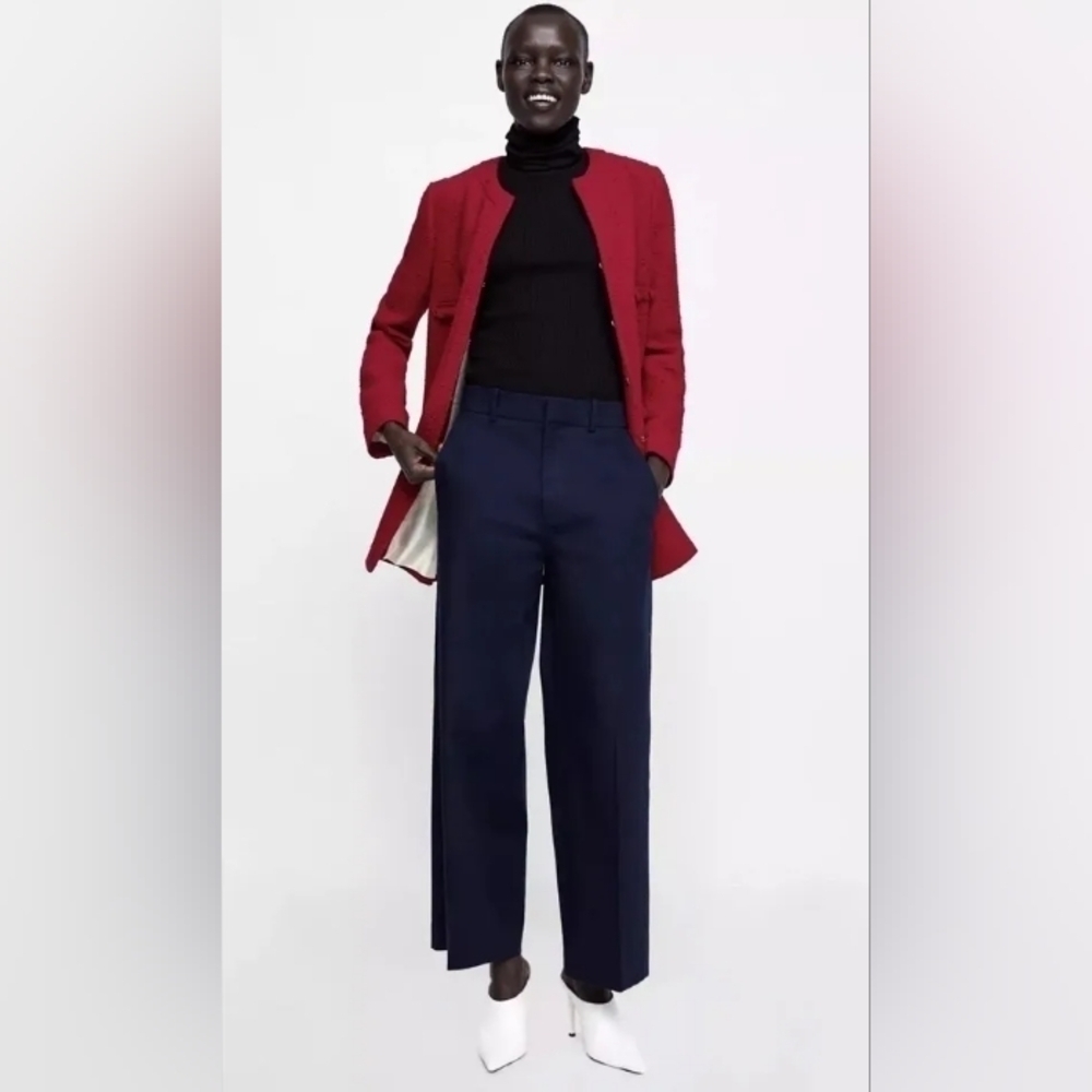 Zara Long-line Red Tweed Blazer Jacket, Size M